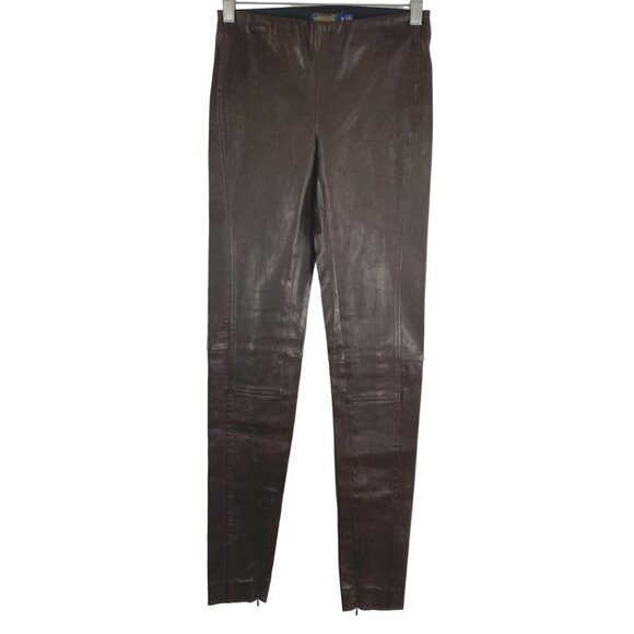 Polo‎ Ralph Lauren Leggings Pants XS Lamb Leather Stretch Brown Leg Zip PT-1752